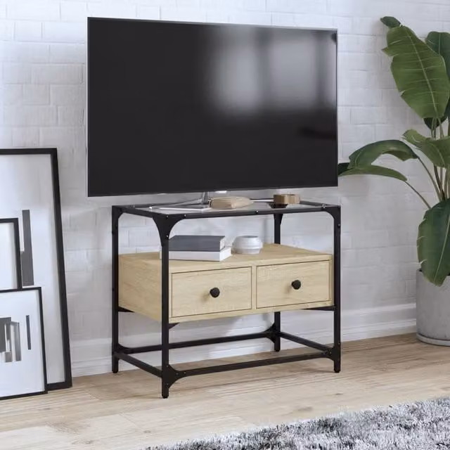 Berkfield Home Industrial TV Cabinet with Glass Top in Sonoma Oak Brown, W/D/H: 60 x 35 x 51 cm – 1