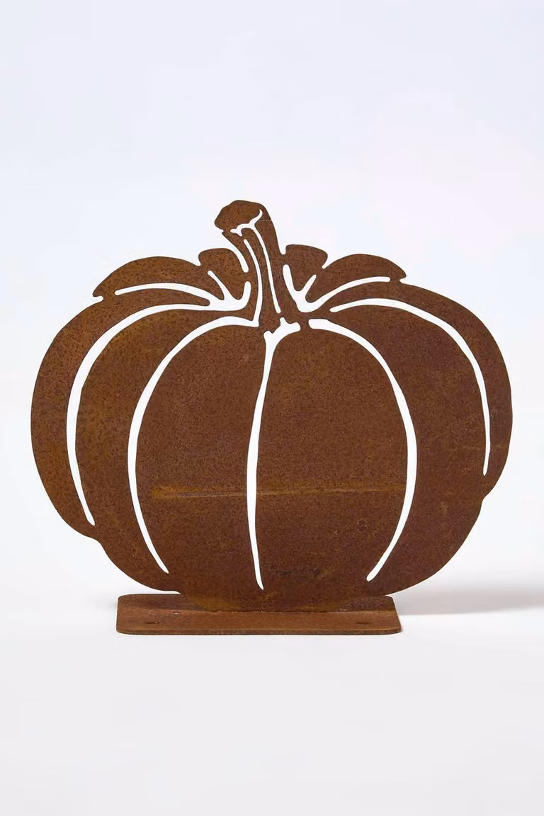 Homescapes Rustic Metal Pumpkin and Squash Garden Ornaments, Set of 2, Brown