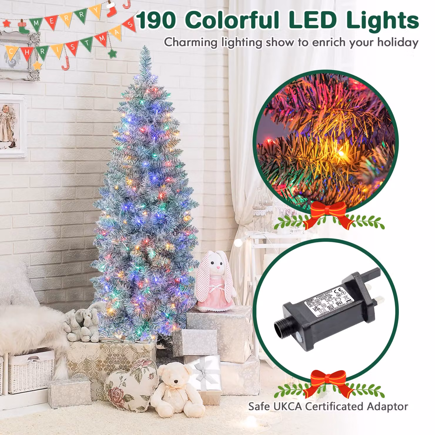 Gymax 5ft Slim Pre-Lit Artificial Christmas Tree with 343 Tips and 190 Colourful LED Lights in Green – 4