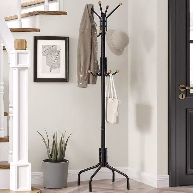 SONGMICS Freestanding Metal Coat Rack with 12 Hooks in Matt Black