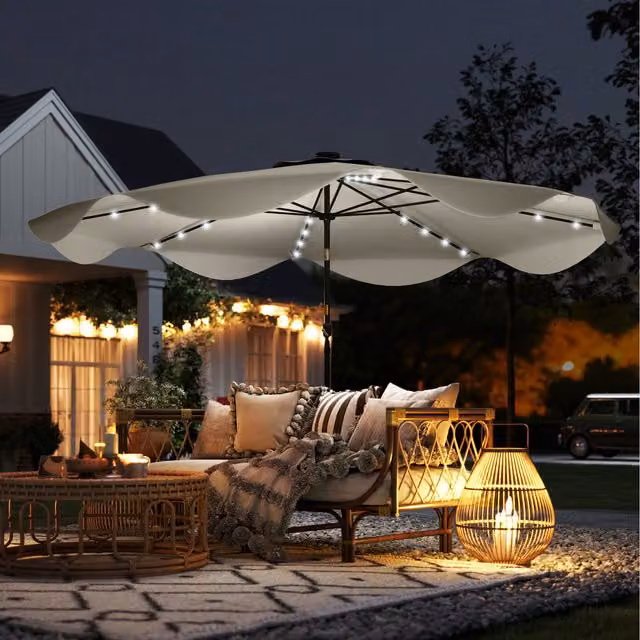 Outsunny Solar Garden Parasol Umbrella with LED in White