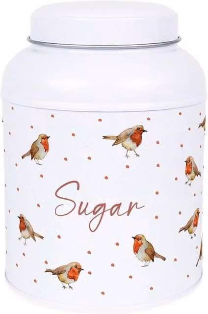 Purely Home English Robins Decaf Sugar Storage Tin with Small Dome Lid, White Metal