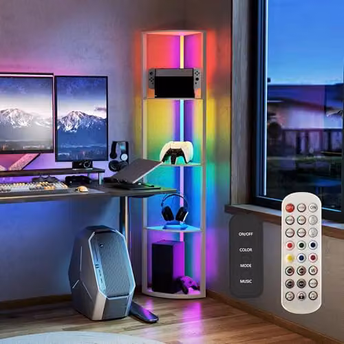 HOMCOM RGB LED Floor Lamp with 4-Tier Shelves in Grey – 3