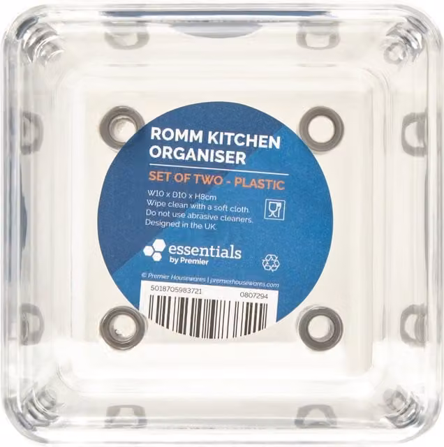 Romm Set of Two Small Square Plastic Kitchen Organisers, Transparent