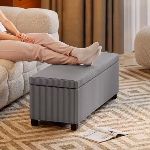 HOMCOM Corduroy Storage Ottoman Bench in Grey, W: 112 cm, D: 42 cm, H: 40 cm – 5