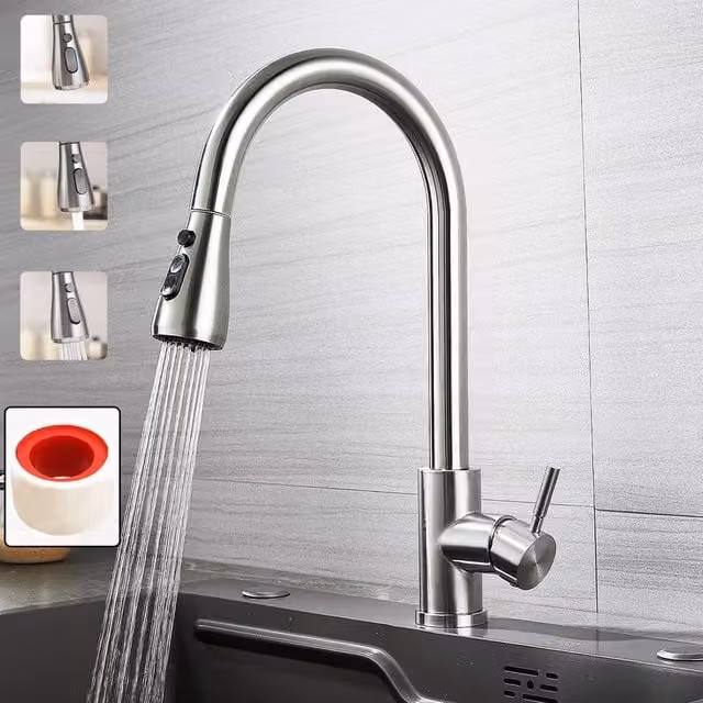 SPETLEK Single Lever Kitchen Sink Mixer Tap with Pull Out Spout and Spray Function in Silver Chrome – 1