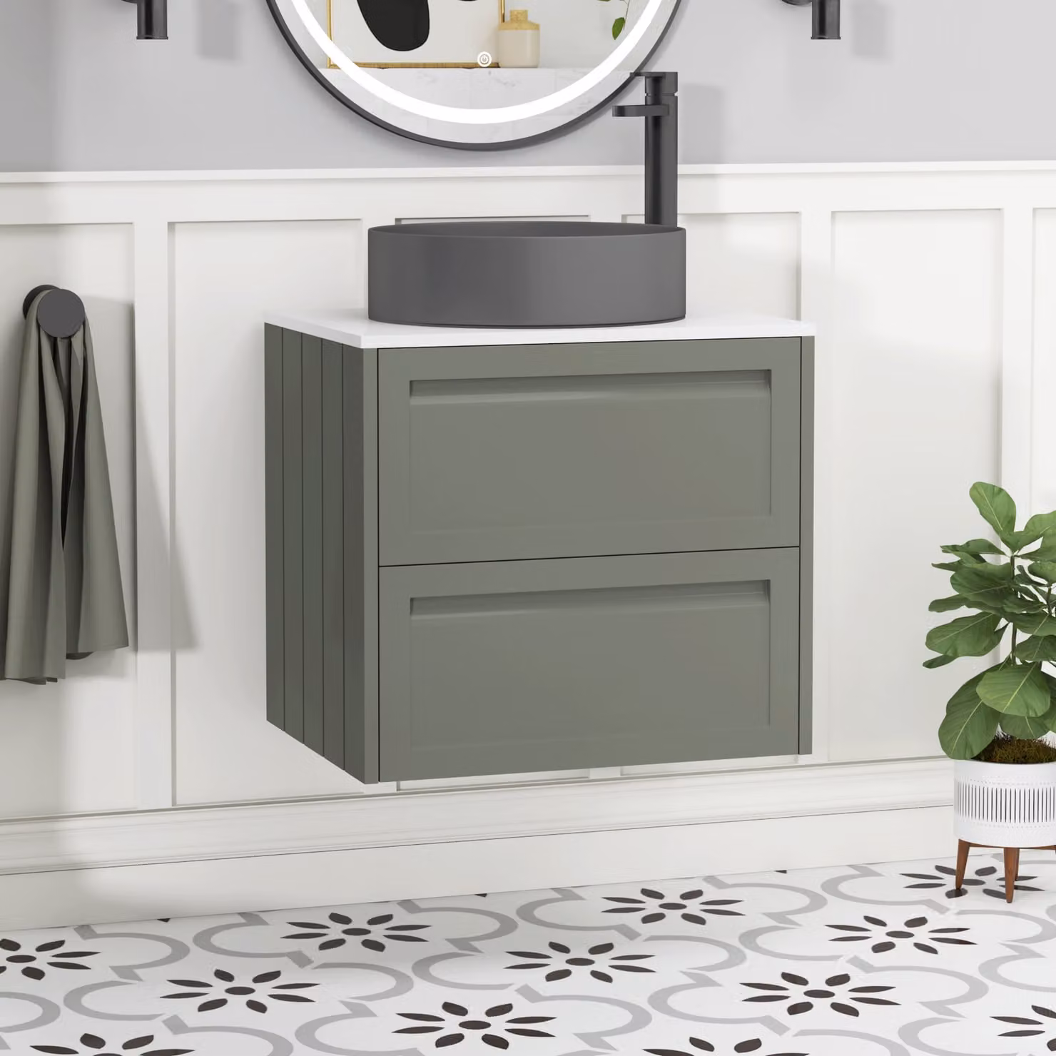 Royal Bathrooms Elmore Wall Hung Vanity Unit with 2 Drawers, Matt Green Finish and Plain White Worktop with Art Round Basin, Width: 60 cm