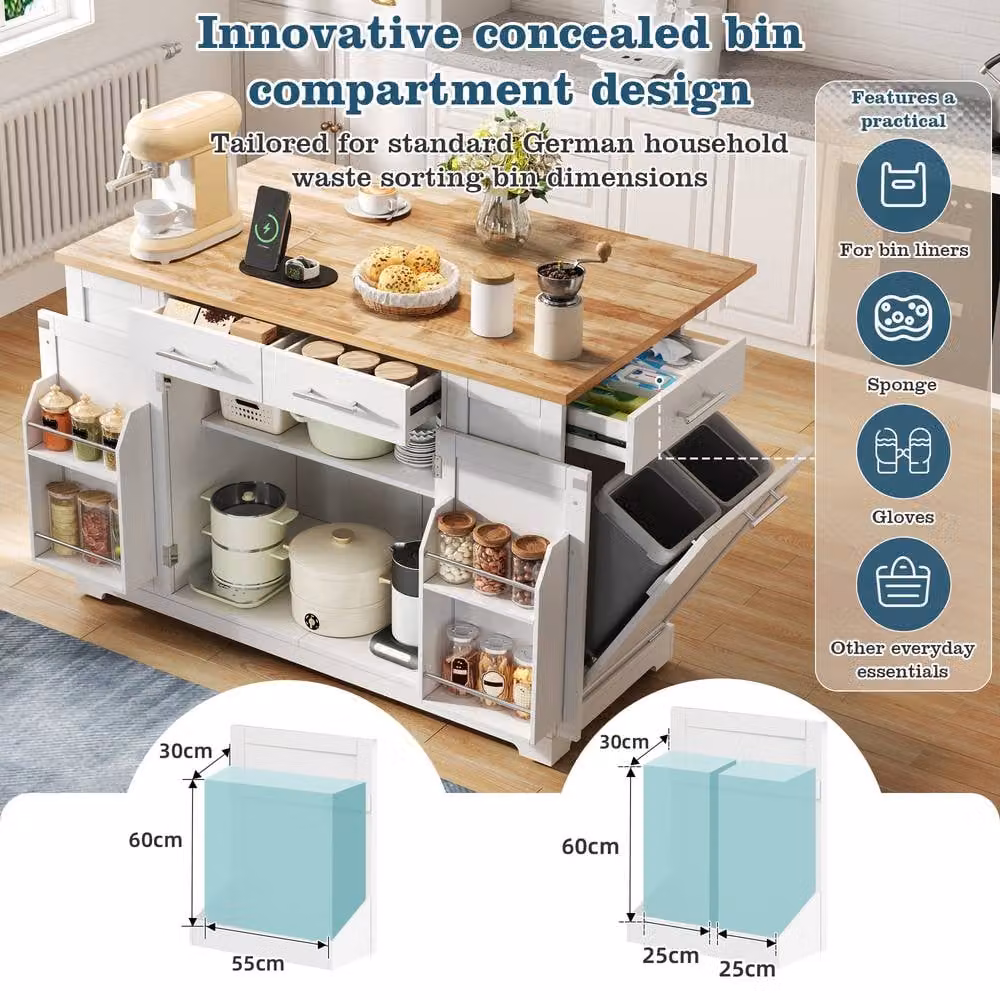 Merax Mobile Kitchen Island Trolley with Pull-Out Bin Cabinet and Drop-Leaf Top in White – 2