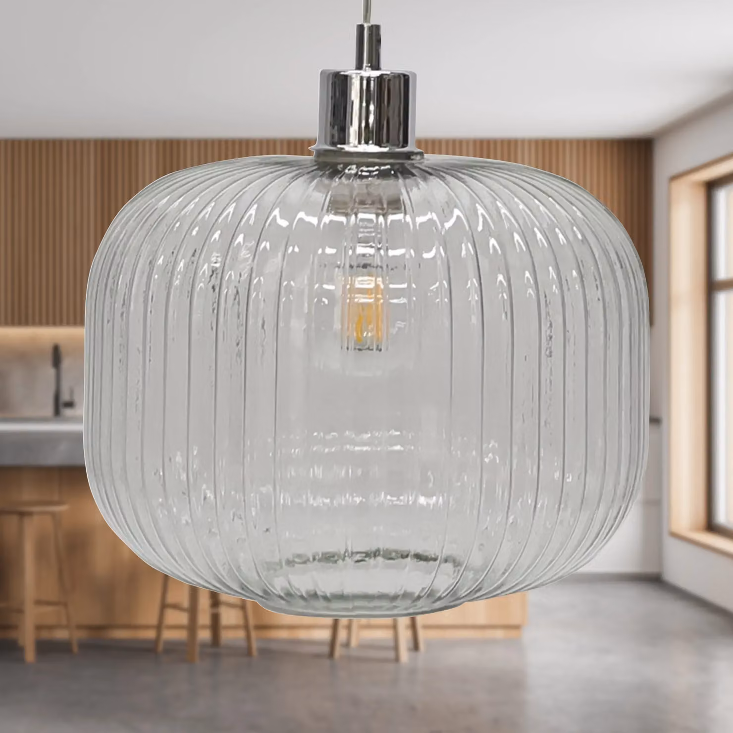 First Choice Lighting Batley Large Set of 2 Pendant Lights with Transparent Ribbed Glass and Chrome Fitting, H 127.5 cm x W 25.5 cm x D 25.5 cm – 2