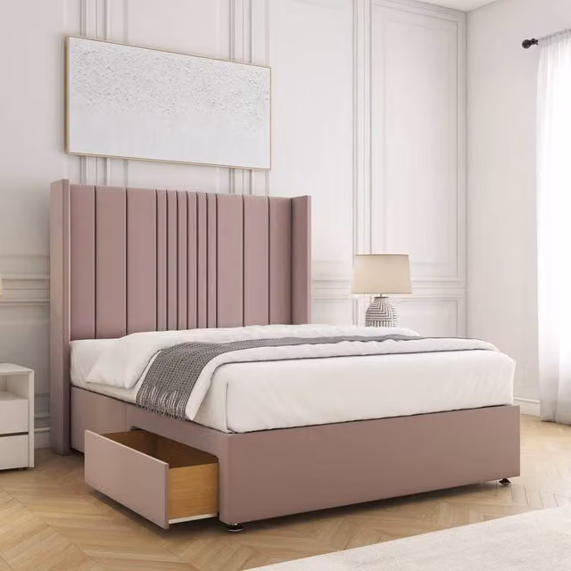 BSSPOKE Charlotte Small Double Divan Bed Set with 54 inch Plush Headboard, 2 Drawers, Footend and Mattress in Pink, W/D/H: 120 x 200 cm