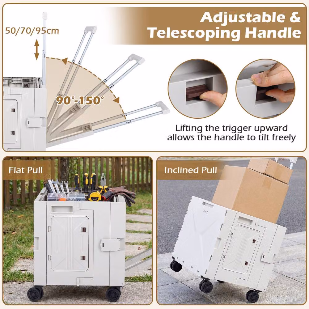 Costway Foldable Utility Cart and Collapsible Tool Box Shopping Trolley with Lid, White – 7