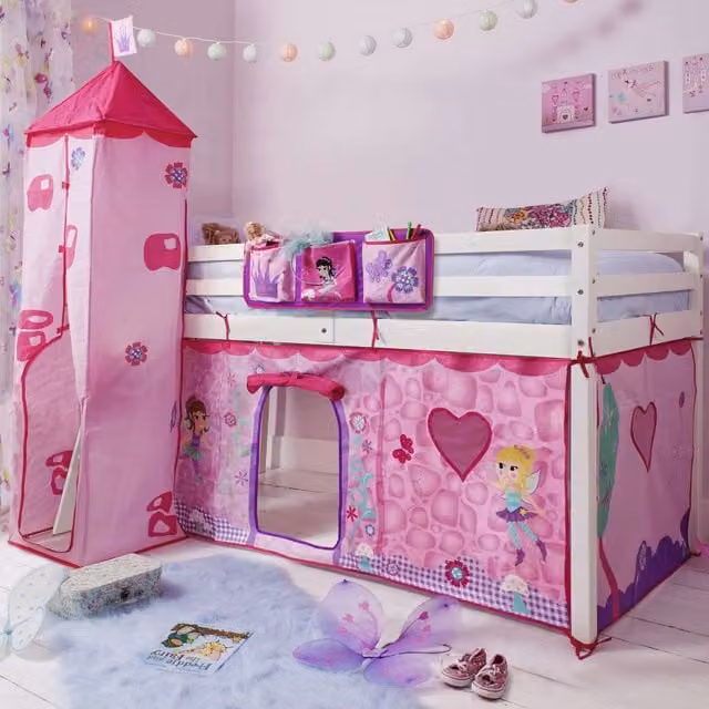 Noa and Nani Moro Cabin Midsleeper Bed with Fairies Package in White and Pink Solid Pine Wood