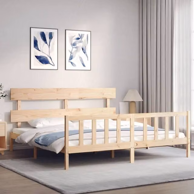 Berkfield Home Beautiful Bed Frame with Headboard in Beige Solid Pine Wood, W/D/H: 200 x 200 x 81 cm – 1