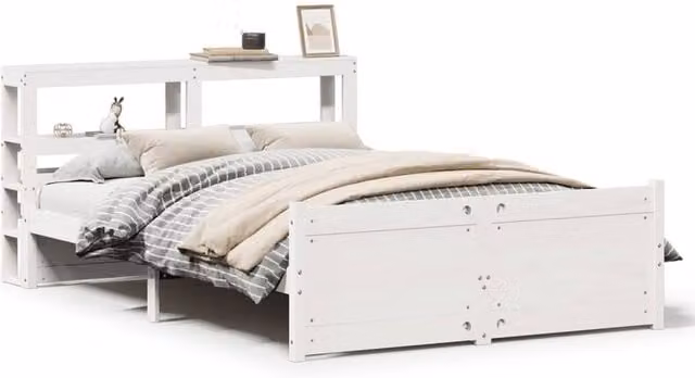 Berkfield Home Small Double Bed Frame with Headboard and Side Compartments in White Solid Pine Wood, W/D/H: 120 x 200 cm