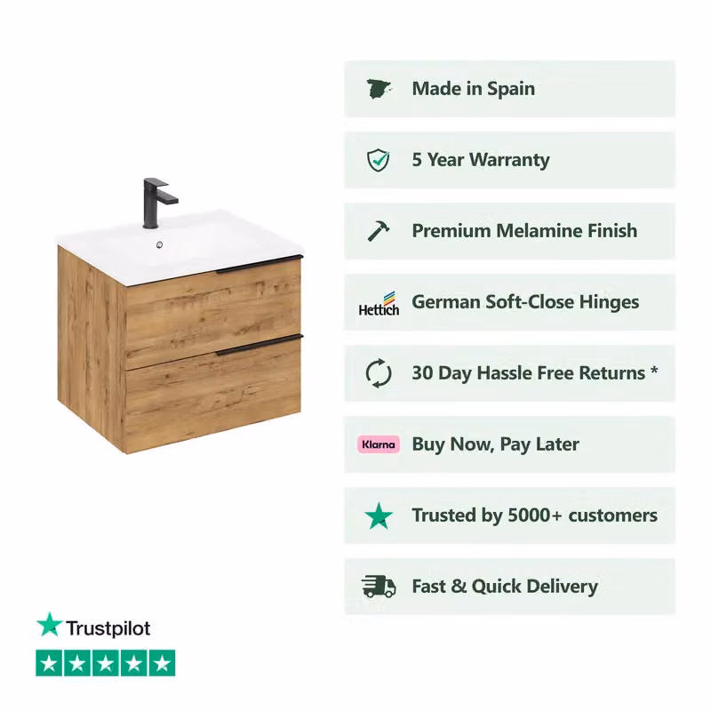 Banyetti Celtic 600mm Wall Hung Bathroom Vanity Unit with Lira Basin in Ostippo Light Oak, W: 60 cm, D: 48 cm, H: 45 cm – 2
