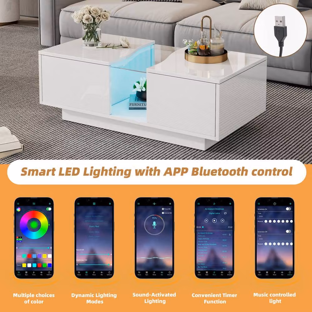 Rolipo High Gloss White LED Coffee Table with 2 Storage Drawers – 3
