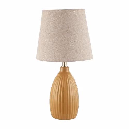 Happy Homewares Yellow Ceramic Etched Lined Table Lamp with Beige Fabric Shade, Height: 25 cm – 1
