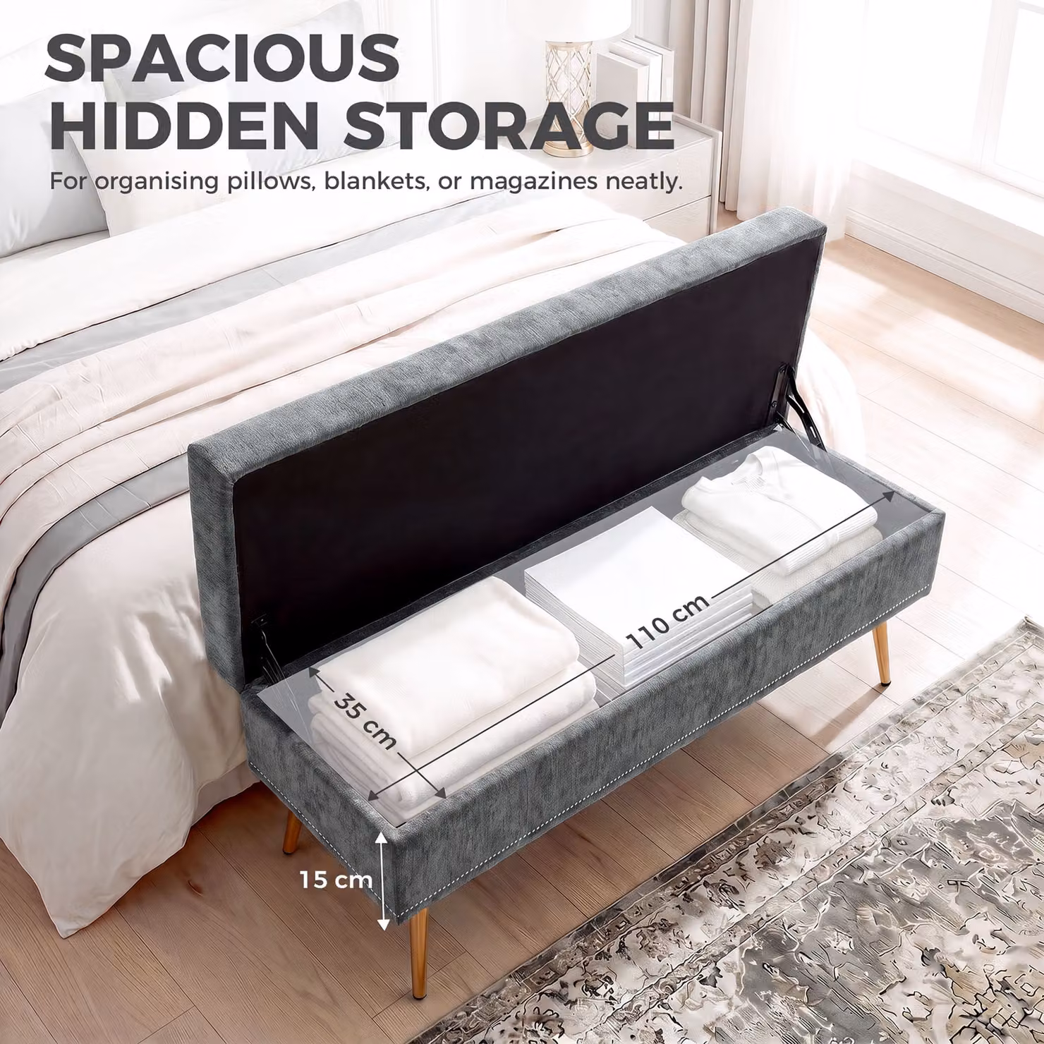 HOMCOM Grey Chenille Upholstered Storage Ottoman with Padded Seat and Metal Legs, W: 114 cm, D: 41 cm, H: 45 cm – 4