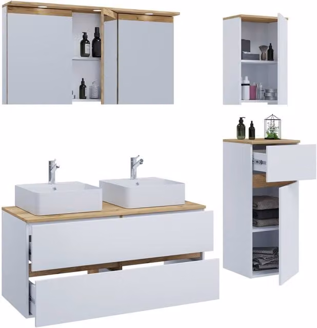 VCM Cosila-A Modern White Matt Bathroom Furniture Set with Vanity Unit, Mirror Cabinet and Wall Cabinet, W: 111 cm