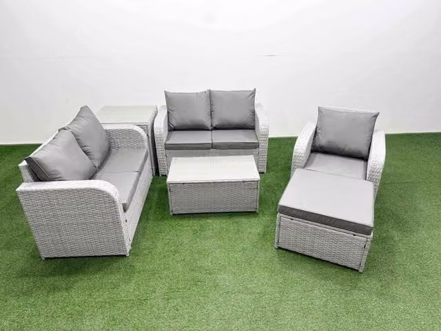 Fimous Grey Poly Rattan Garden Furniture Set with Reclining Armchair, 2-Seater Sofa, Rectangular Coffee Table and Ottoman
