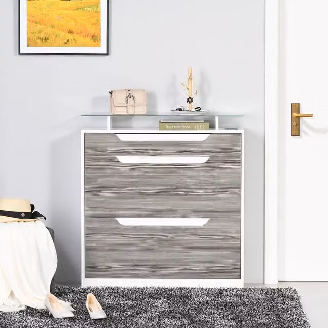 HOMCOM Modern Grey Shoe Cabinet with 3 Drawers and Tilting Compartments