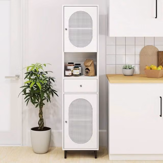 SPETLEK Tall White Bathroom Storage Cabinet with Metal Legs and Rattan Detail
