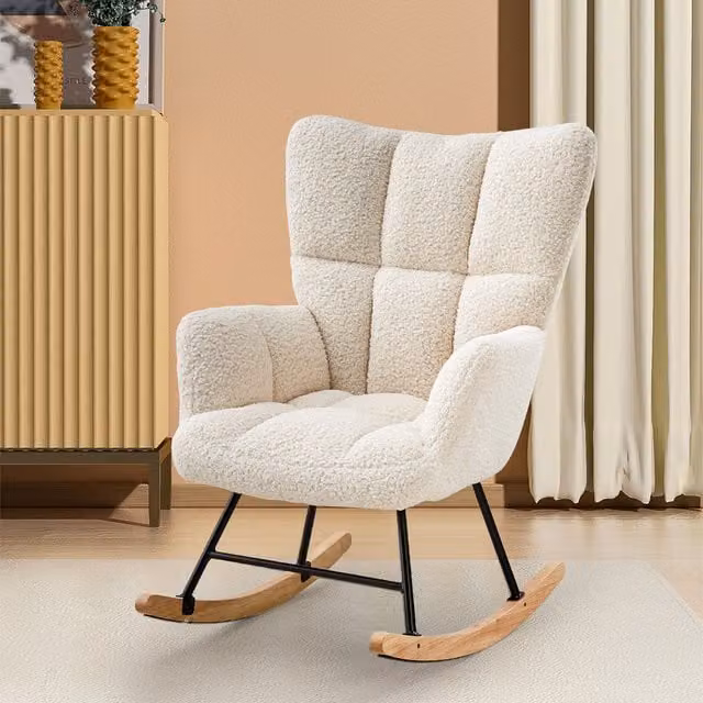 Livingandhome White Bouclé Upholstered Rocking Chair with Armrests and Wooden Runners