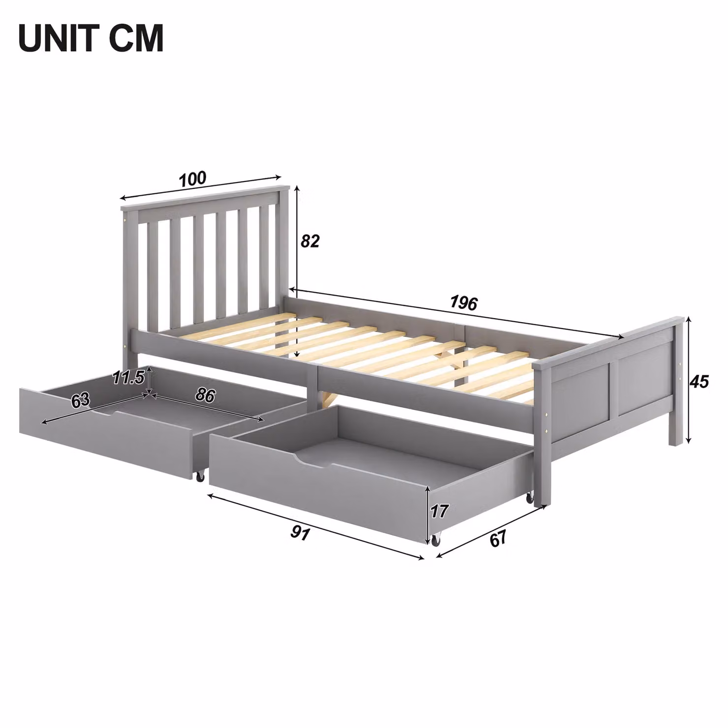AKA Single Wooden Solid Pine Storage Bed with Drawers, Grey, W/D/H: 90 x 190 x 30 cm – 2