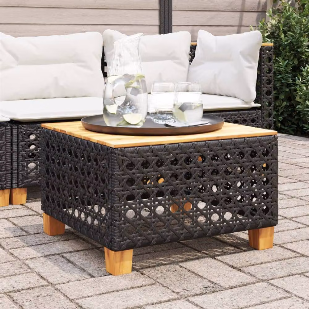 Berkfield Home Black Poly Rattan and Acacia Wood Garden Table W/D/H: 55 x 55 x 36 cm – 2
