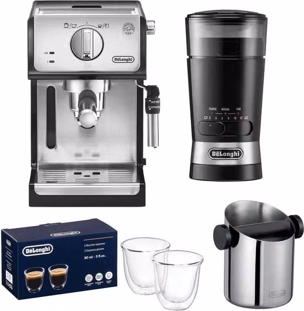 DeLonghi Silver Traditional Espresso Coffee Machine with Grinder, Knock Box and Latte Glasses