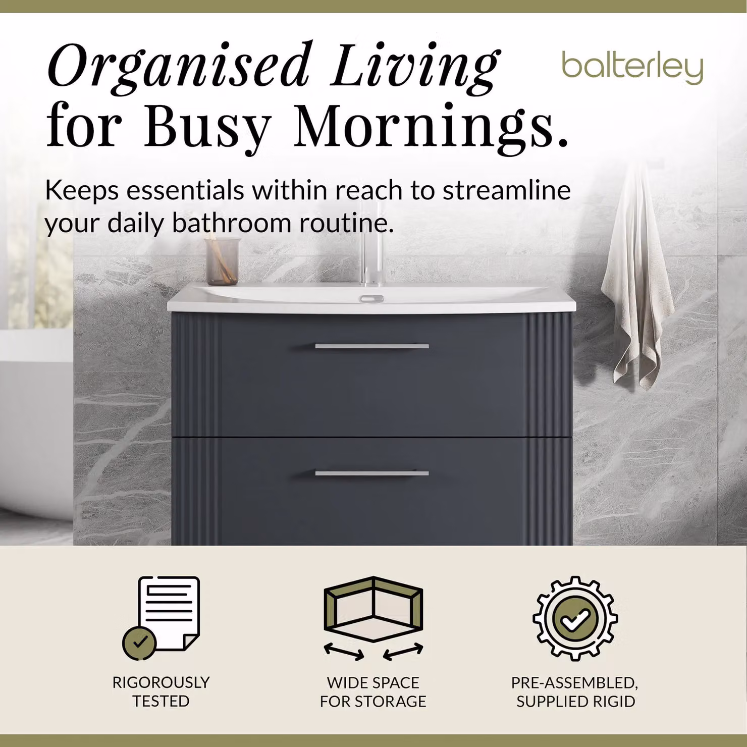 Balterley Wall Hung 2 Drawer Vanity Unit with Curved Basin, Dark Grey, Width: 80 cm – 2