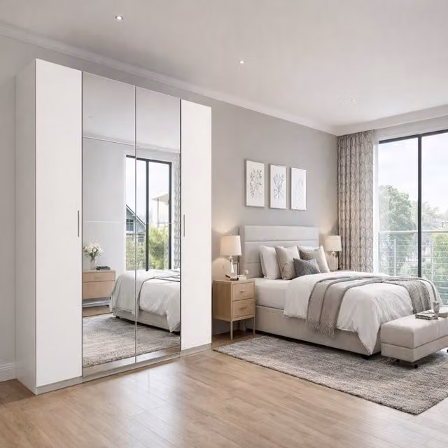 Lotto White 4 Door Sliding Wardrobe with Mirror and Internal Shelving, Width: 272 cm