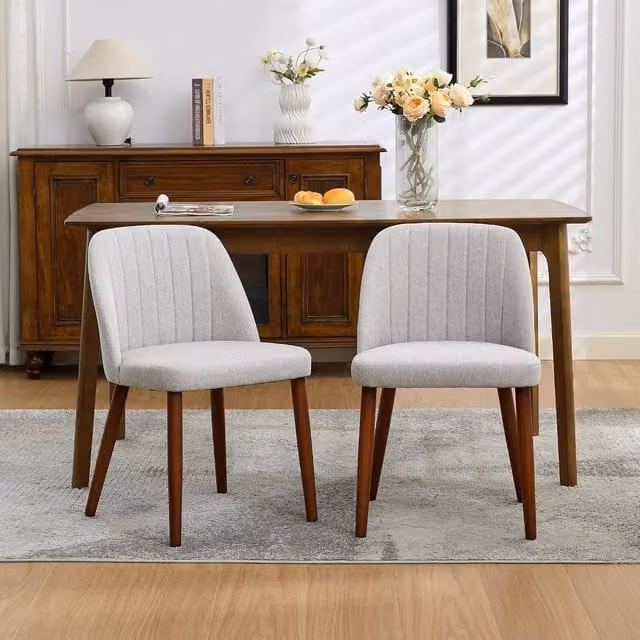 London Boutique Set of 2 Grey Fabric Upholstered Mid-Century Modern Dining Chairs with Rubberwood Legs – 1