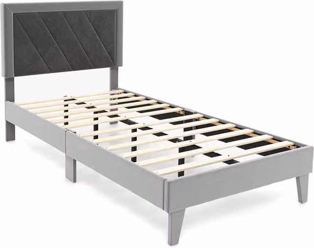 Gymax Single Upholstered Platform Bed Frame with High Velvet Headboard in Grey