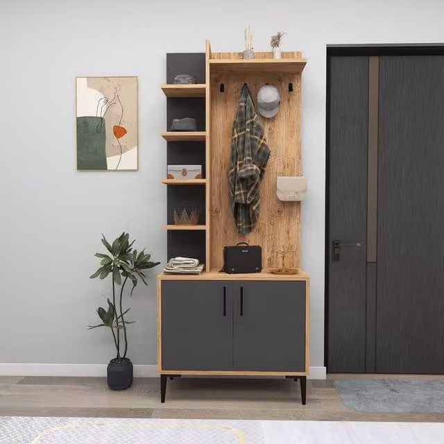 Destina Home Modern Hallway Coat Rack with Six Shelves, Cabinet and Hooks, Medium Beige, H x W x D: 182.8 x 74.4 x 35.0 cm, 2 Pack
