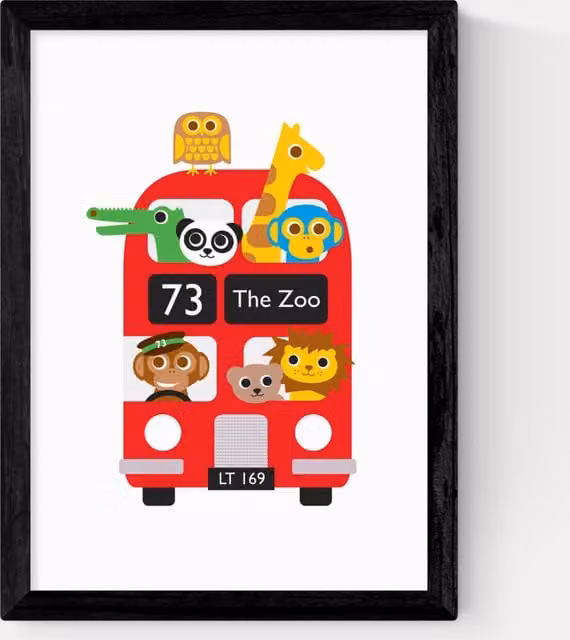 East End Prints London Bus Zoo Multicolour Framed Illustration Poster in Black Wood Frame