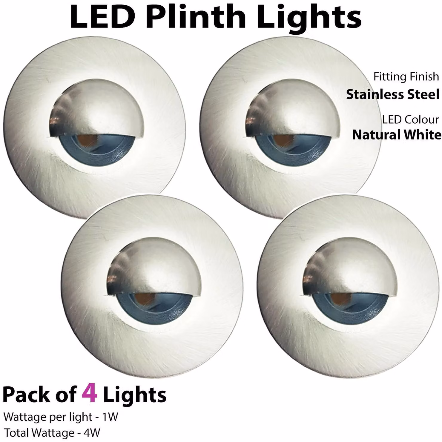 Loops Eyelid LED Plinth Light Kit, 4x Round Silver Stainless Steel Spotlight for Kitchen and Bathroom Floor Kick Panels – 3