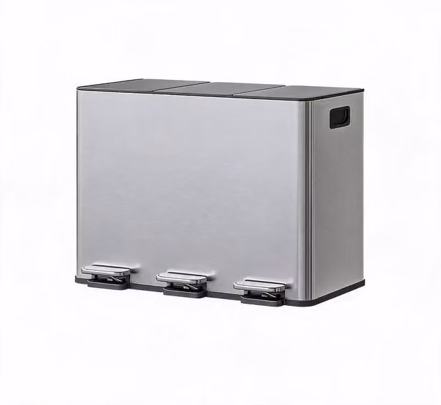 London Boutique 45L 3 Compartment Stainless Steel Kitchen Pedal Bin in Silver, W/D/H: 62.0 x 45.0 x 36.5 cm