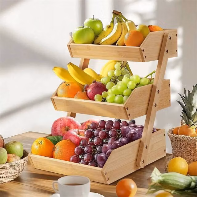 Nordara 3 Tier Bamboo Fruit Rack and Vegetable Basket Wooden Storage Stand in Brown – 1
