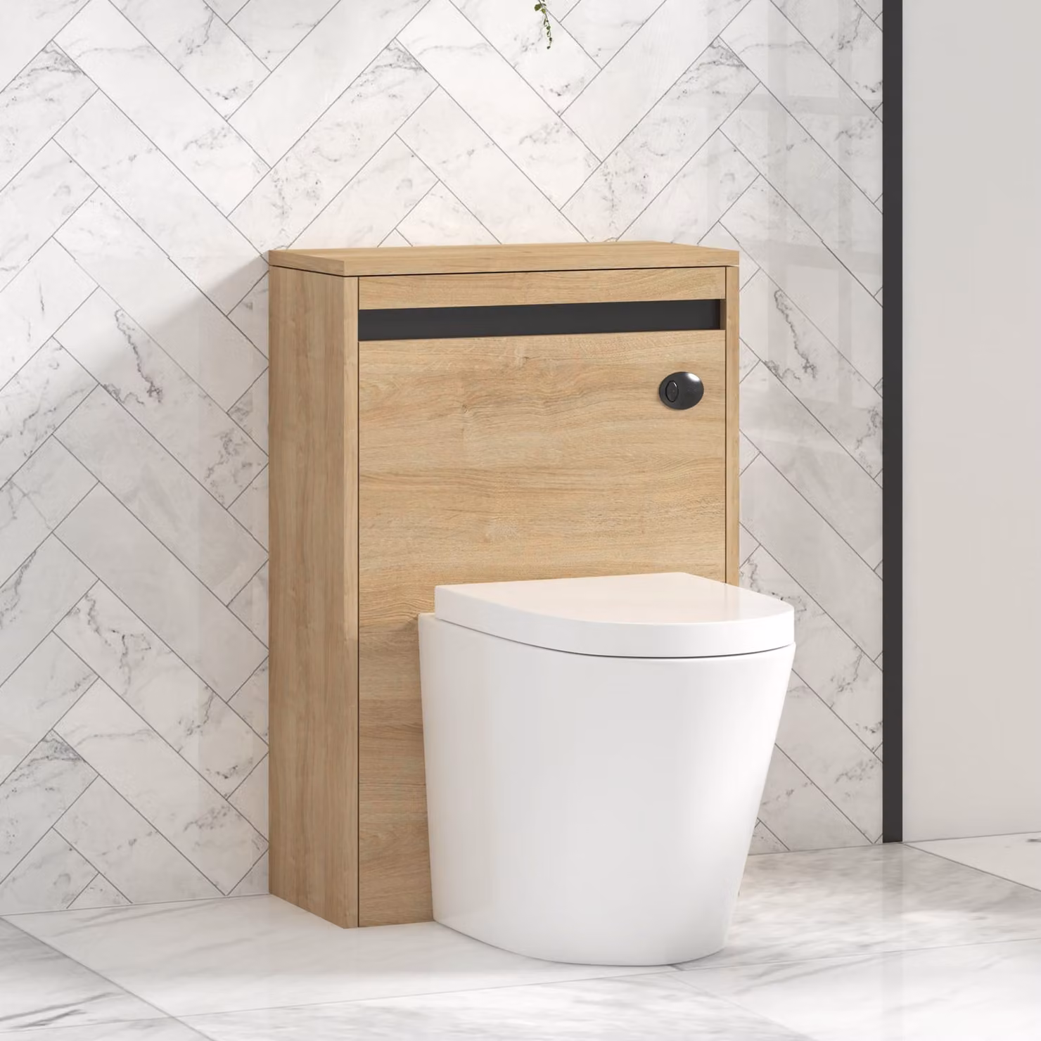 Royal Bathrooms Orion Natural Oak Wall Mounted WC Unit with Cesar Rimless Ceramic Toilet Pan, Seat and Cistern, Black Accent Trim, Width: 54 cm