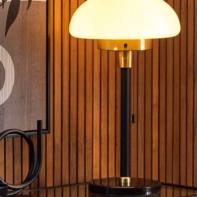 Wyld and Coco Retro Metal Table Lamp with White Glass Dome and Gold Accents in Matte Black