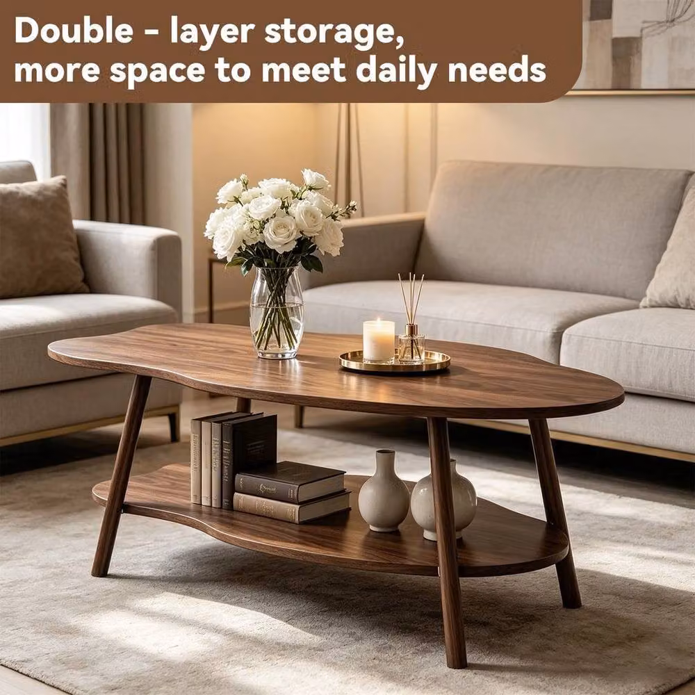FORGEVIO 2-Tier Rectangular Coffee Table with Lower Storage Shelf in Walnut Brown – 4