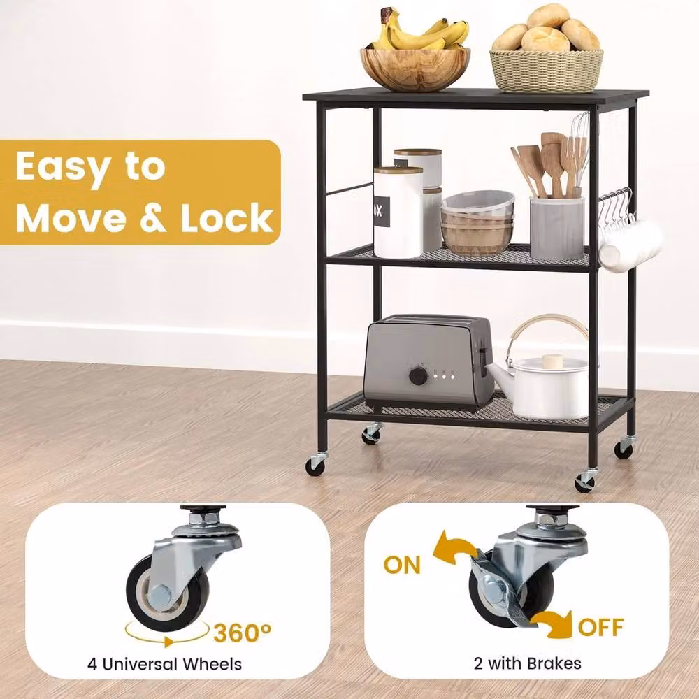 FORGEVIO 3 Tier Black Metal Kitchen Island Cart and Freestanding Storage Shelves – 5