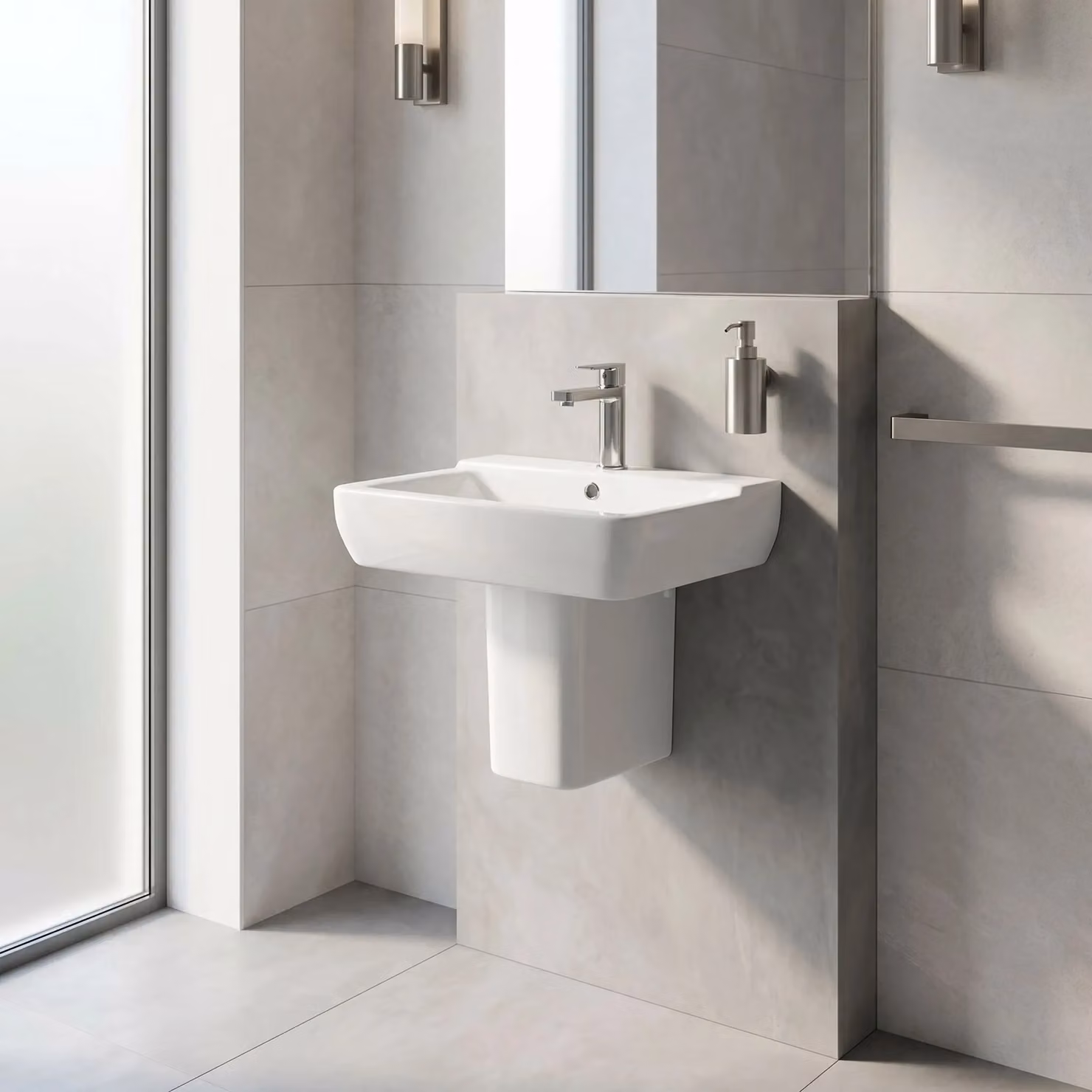 Balterley Alba Square Wall Hung 1 Tap Hole Basin and Semi Pedestal, White, W: 55 cm, D: 42 cm, H: 85 cm – 2