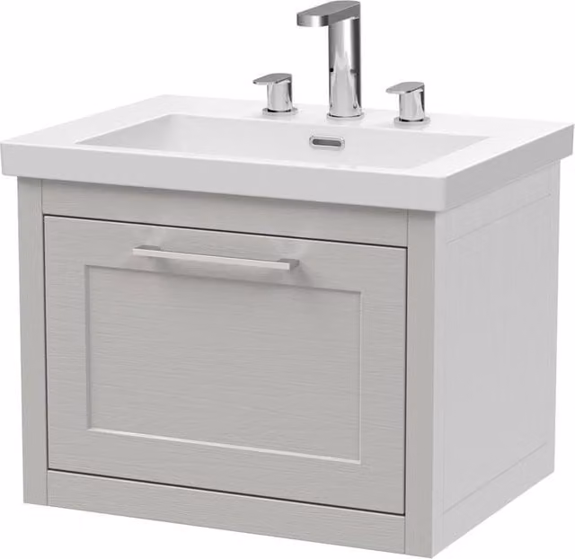 Balterley Blithbury Wall Hung 1 Drawer Vanity Basin Unit in Grey Woodgrain, W: 60 cm, D: 45 cm