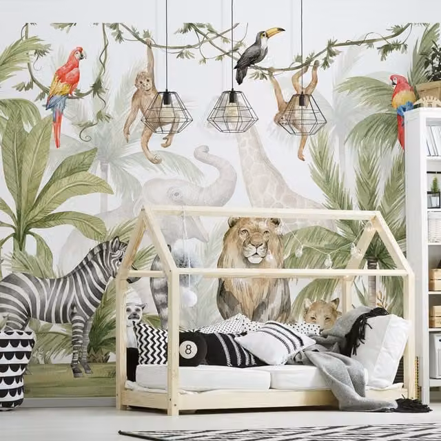 Walltastic Jungle Safari Wallpaper Mural, Multicolour and Green, W: 304.8 cm, H: 244 cm