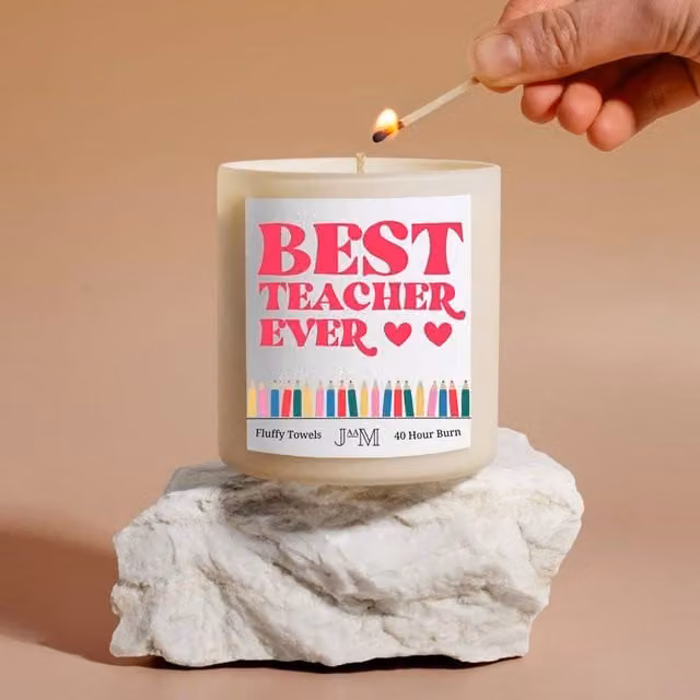 JAAM Best Teacher Ever Candle Gift Set with White Fluffy Towels