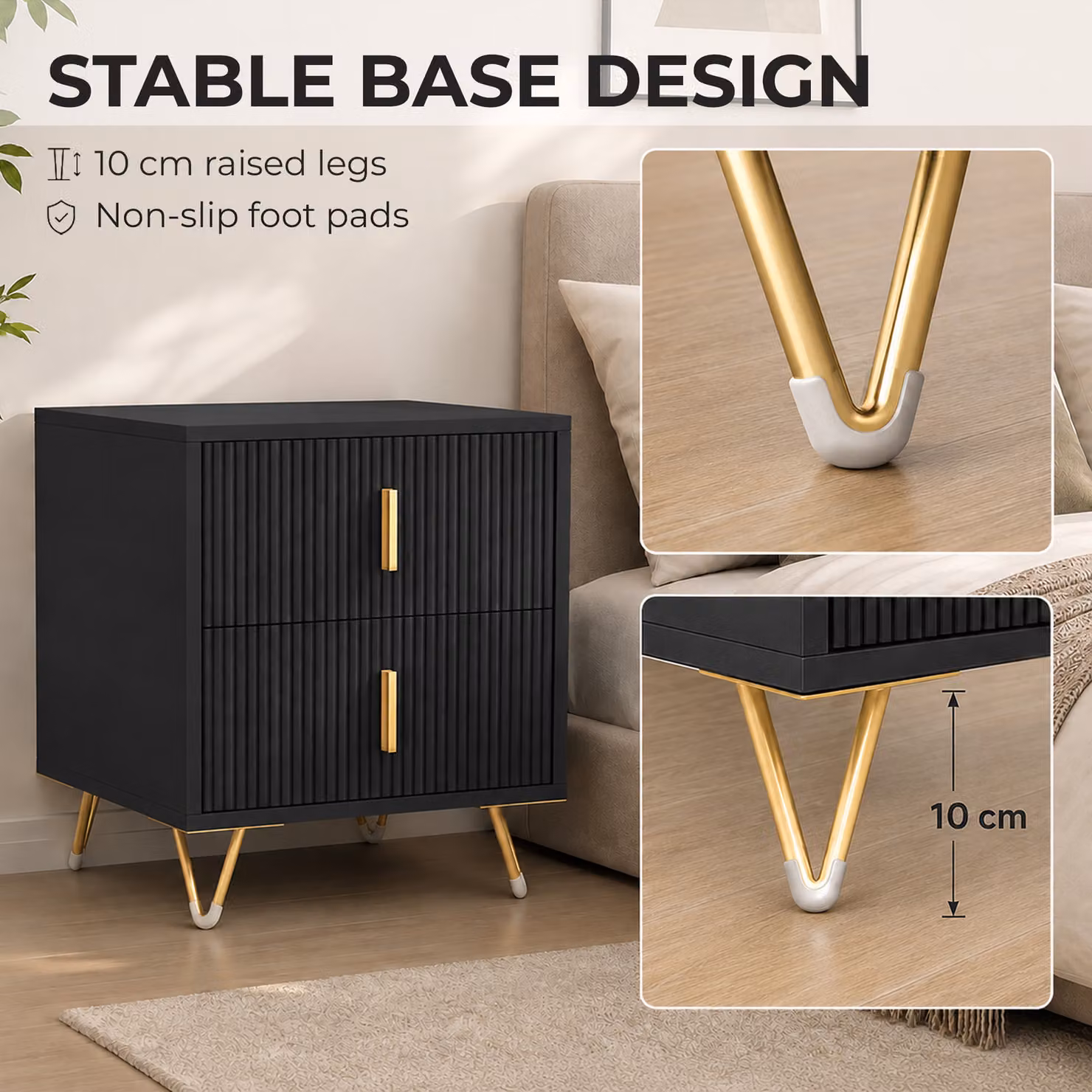 HOMCOM Elegant Fluted Bedside Table in Black and Gold-Tone with Drawers – 5