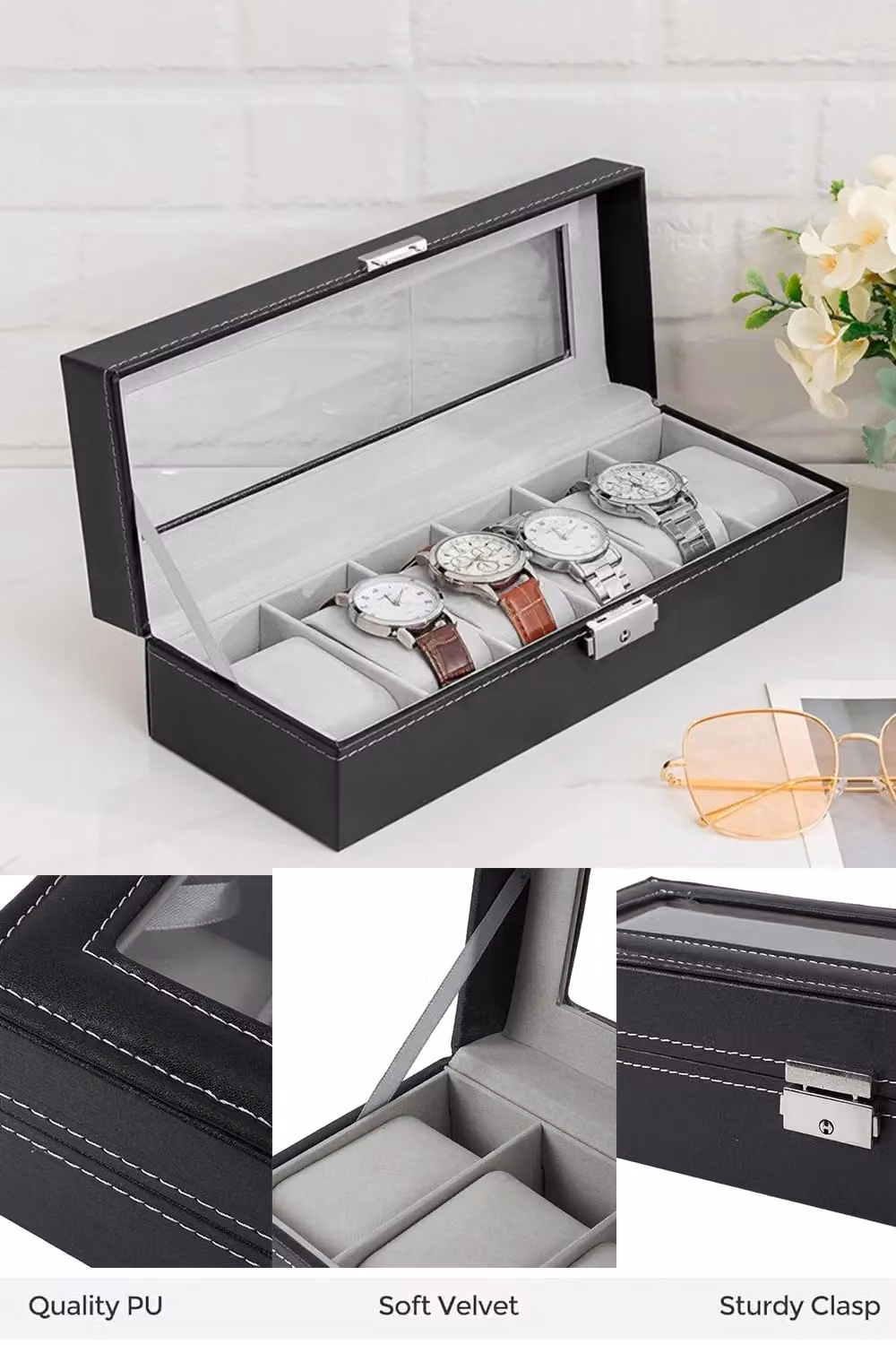 Living and Home Faux Leather Watch Display Case and Jewelry Storage Box in Black – 2