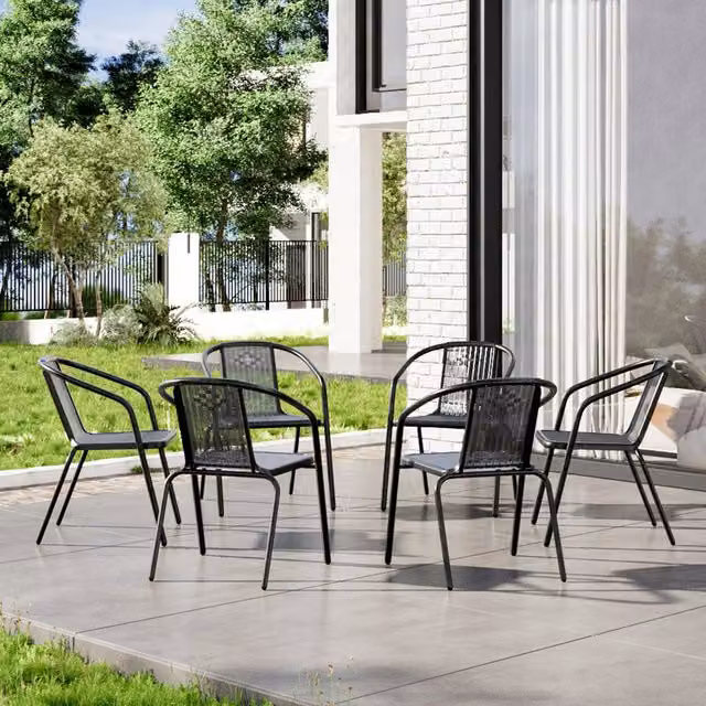 Breeins Set of 6 Modern Matt Black PE Rattan and Metal Garden Chairs